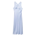 Elegant light blue satin midi dress featuring a deep V-neck and crossover wide straps - XS / Light Blue