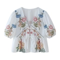White V-neck top with colorful floral embroidery and front ties in a summer boho style - S / Pink Print