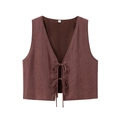 Damen Sommer-Set aus zwei Teilen mit dunkelbrauner strukturierter V-Ausschnitt-Weste - XS / Braune Weste