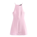 Abito mini senza maniche allacciato al collo rosa chiaro con cucitura centrale di lusso - S / Rosa