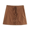 Minifalda evasé marrón para mujer con cordones, ojales plateados y costuras frontales - XS / Minifalda Con Cordones
