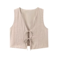 Damen Sommer-Set mit beiger strukturierter Weste mit Schleife und passendem Rock - XS / Khaki Weste