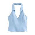 Haut bleu clair pour femme avec licou et col en V profond et fermeture éclair frontale - XS / Haut Bleu