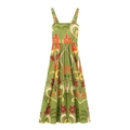 Groene mouwloze midi-zomerjurk met vintage bloemenprint en hoge taille in A-lijn silhouet - XS / Groen Bloemen