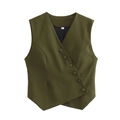 Women's dark green asymmetrical V-neck vest with six buttons and structured fit - Army Green