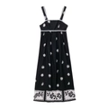 Black floral midi dress with daisy print and white scalloped lace trim on straps - XS / Black