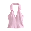 Haut licou rose d'été avec col en V profond et fermeture éclair sur le devant - XS / Haut Rose