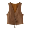 Damen Weste aus braunem Wildlederimitat mit V-Ausschnitt und Schnürung im Boho-Stil - XS / Weste