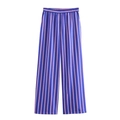 Damen Sommer Weite Hose mit vertikalen Streifen und elastischem Bund in Dunkelblau Rosa - XS / Gerade Hose