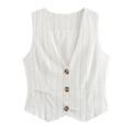 Women's summer white pinstripe waistcoat with deep V-neck and three-button closure - S / Off White Striped