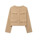 Veste courte en tweed pour femme kaki avec boutons dorés et quatre poches à rabat - Kaki Foncé