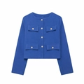 Veste courte en tweed bleu roi pour femme avec quatre poches à rabat et boutons d'or - Bleu saphir