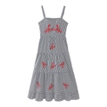 Damen Sommer Stufenkleid mit blau-weißen Streifen und roten Hummer-Stickereien - S / Blau Weiß Kariert
