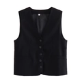 Women's black linen blend vest top with five-button closure and deep V-neckline in size S - XS / Vest / Black