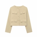 Schicke beige Damen Tweedjacke mit langen Ärmeln und Goldknöpfen in schmaler Passform - Gebrochenes Weiß