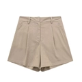 Women's high-waisted wide-leg linen blend shorts in beige with side pockets and front pleats - Khaki Shorts / XS