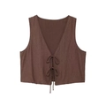 Brown textured V-neck tie-front crop vest top and skirt set for women's summer fashion - XS / Brown Vest