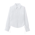 Klassisches weißes Damen-Langarmshirt mit verstellbarem Kordelzug an der Seite und Umlegekragen - XS / Weiß