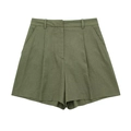 Women's high-waisted linen blend army green shorts with front pleats and side pockets - XS / Bottoms / Army Green