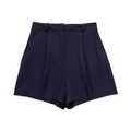 Linen-blend high-waisted shorts in dark blue with pleated front and side pockets - XS / Bottoms / Navy Blue