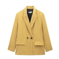 Detail of a ginger yellow double-breasted blazer with notched lapel and dark buttons - Light Yellow