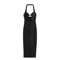 Vestido midi negro con cuello halter, abertura frontal y detalle de hebilla metálica - XS / Negro