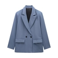 Detailed view of the lapel and black double buttons on grey blue blazer jacket - Dark Blue