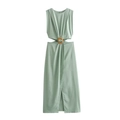 Elegante mintgroene mouwloze maxi-jurk met cut-out en gespdetail in de taille - XS / Bonengroen
