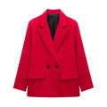 Detailed view of red double-breasted women's blazer with black buttons and peak lapels - Red