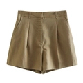 Khaki high-waisted linen blend wide-leg shorts with pleated front and side pockets - XS / Bottoms / Light Brown