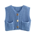 Close-up detail of blue chunky knit vest with V-neck, gold buttons and patch pockets - Sky Blue