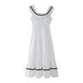 Women's sleeveless white cotton dress with black ric-rac trim and ruffles for summer wear - S / White
