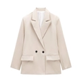 Beige double-breasted damesblazer met scherpe revers en chique zwarte knopen voor kantoor - XS / Beige