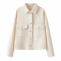 Chaqueta vaquera corta color crema para mujer con cuello clásico y bolsillos de solapa - XS / Blanco Roto