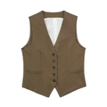 Linen blend V-neck vest in dark khaki brown with five buttons and decorative pockets - XS / Tops / Green
