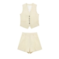 Beige two-piece linen blend suit set with V-neck waistcoat and high-waist wide-leg shorts - XS / Bottoms / Beige