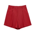 Deep red high-waisted wide-leg shorts with a linen-blend texture and side pockets - XS / Bottoms / Red