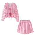 Women's summer set featuring pink and white striped tie-front top and matching shorts - Deep Pink