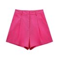 Women's rose pink high-waisted linen blend pleated shorts with wide leg fit - XS / Bottoms / Rose Red