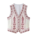 Gilet ricamato bohémien con scollo a V bianco con motivi floreali rossi e bottoni - XS / Ricamo