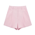 Women's summer pink high-waisted linen blend shorts with pleated front and A-line cut - XS / Bottoms / Pink