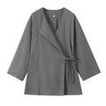 Detailed view of linen blend V-neck wrap top with side bow tie and size S label - XS / Tops / Gray