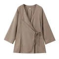 Detail view of khaki linen wrap top with side tie closure and size S label detail - XS / Tops / Khaki