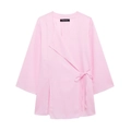 Detail of pink linen wrap top with V-neckline and side tie closure for women - XS / Tops / Pink