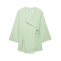 Detail of mint green linen wrap top featuring V-neckline and side drawstring closure - XS / Tops / Light Green