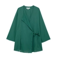 Detail of dark green linen wrap top with V-neck, side ties, and branded neck label - XS / Tops / Green