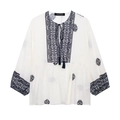 Boho top voor dames in crème met marineblauw borduurwerk en v-hals met kwastjes - XS / Zwart
