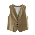 Women's khaki linen-blend vest featuring a V-neckline and dark buttons in a flat layout - XS / Tops / Light Brown