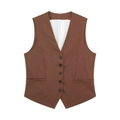 Brown linen blend vest top with V-neckline and button front closure for women - XS / Tops / Chestnut
