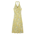 Sommer-Halterneck-Midikleid mit gelbem Blumen- und Blattmuster auf weißem Hintergrund - XS / Ingwergelb
